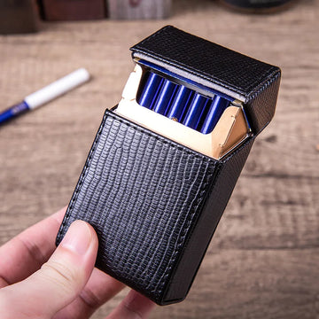 boîte cigarettes étui cuir crocodile noir classique fumer tabac cadeau fumeur rangement portebriquet