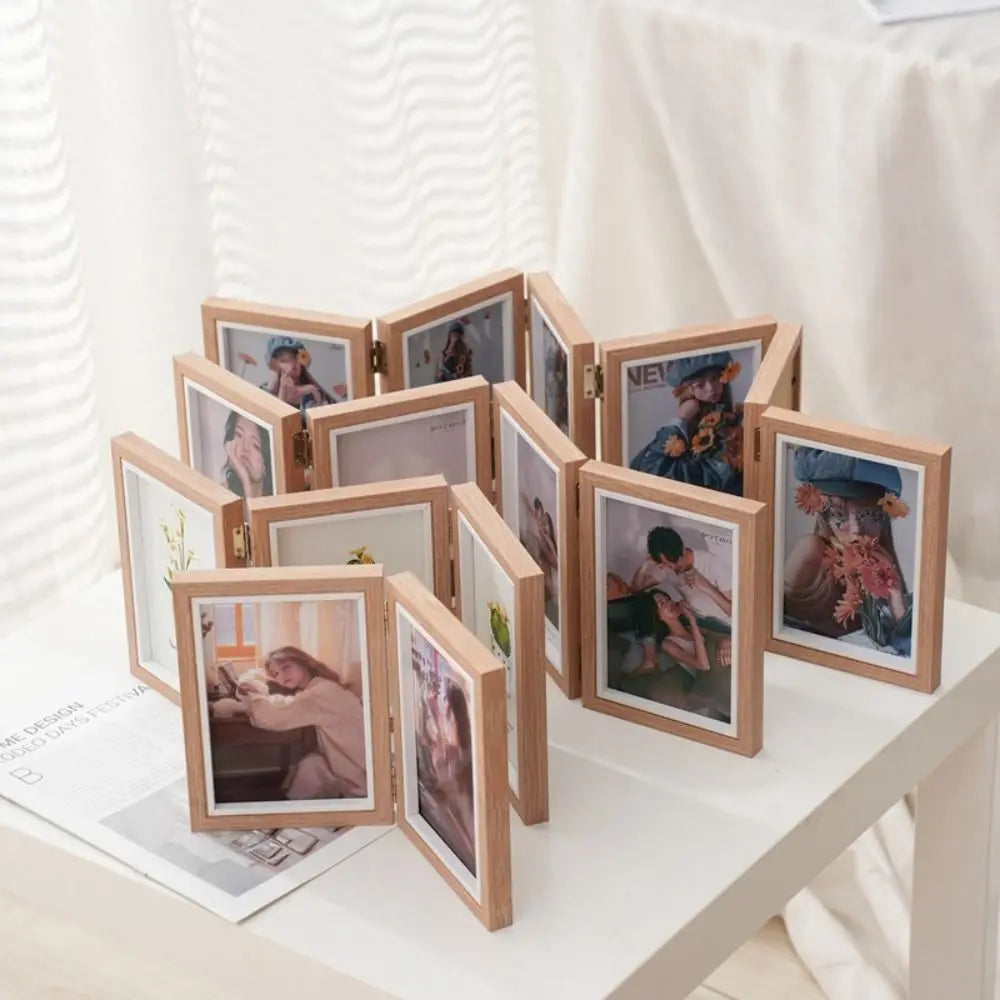 cadre photo pliable bois grainé beige portraits triptyque décoration champêtre