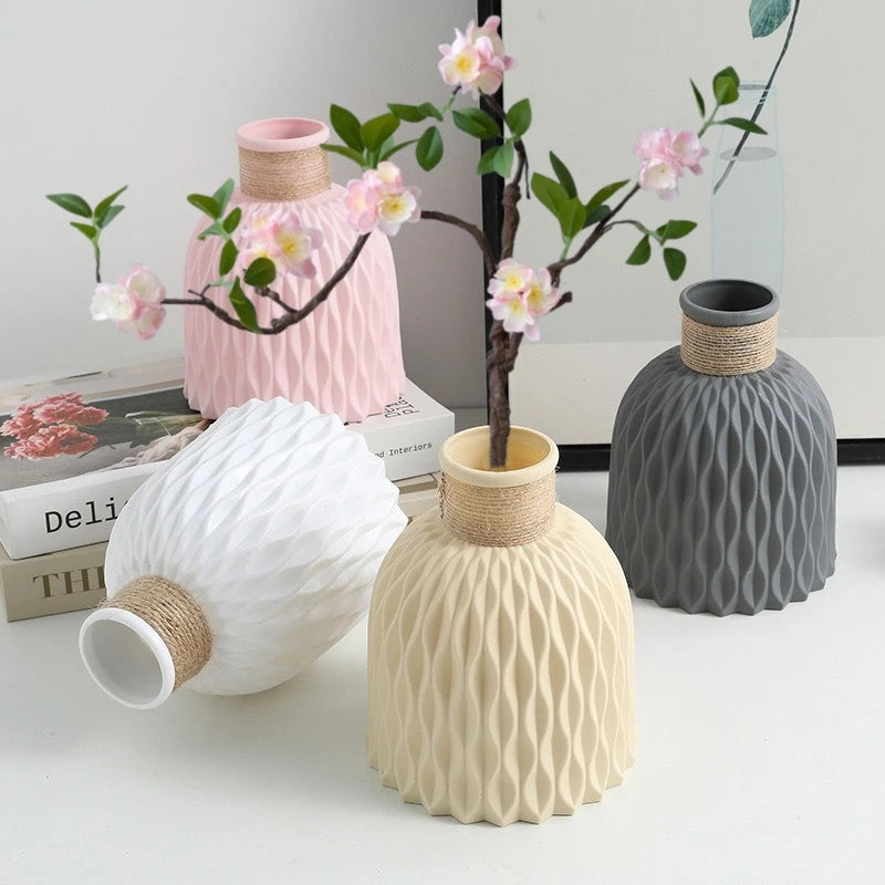 vases décoratifs blanc beige gris rose motif ondulé corde jute moderne