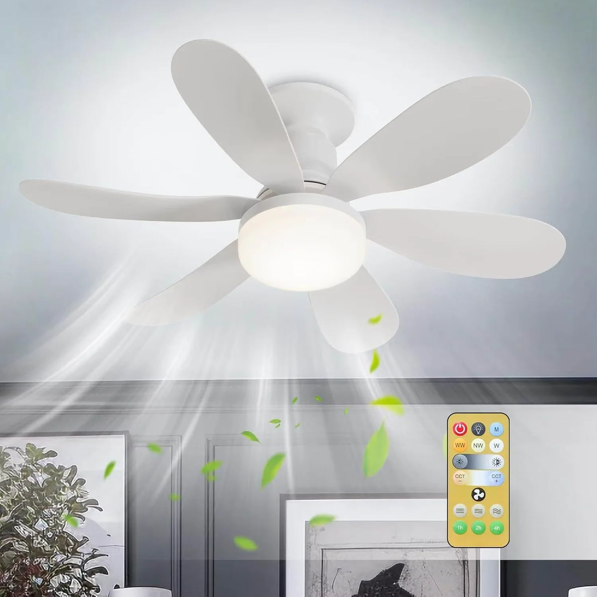 ventilateur led lumière moderne blanc télécommande variation luminosité facile chambre salon