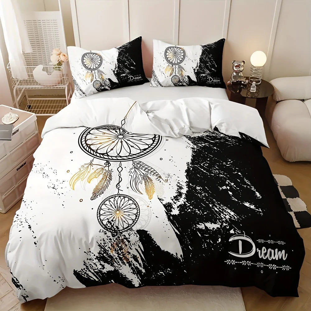 ensemble literie motif ethnique blanc noir plumes dorées housses couette deux taies oreillers abstrait
