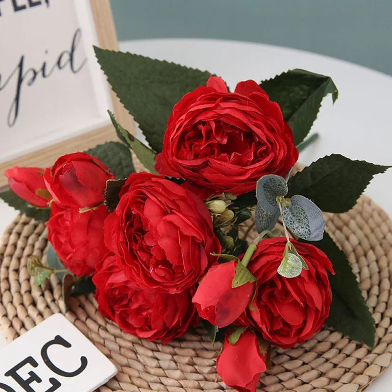 bouquet fleurs artificielles pivoines roses feuilles vertes decoration mariage anniversaire intérieur classique