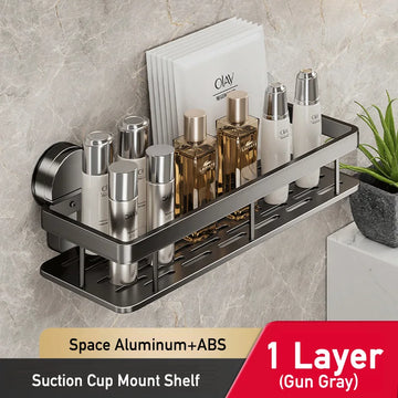 étagère salle bain aluminium gris moderne ventouse fixe bouteilles cosmétiques brosse dents serviette rangement