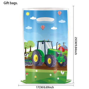 sac cadeau anniversaire paysage rural tracteur ferme animaux ballons illustration cartoon poignées blanches