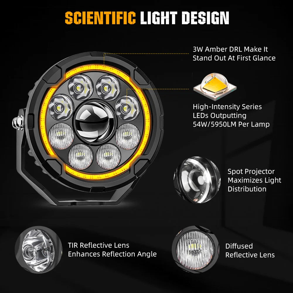 projecteur led moto noir lentilles jaunes cable electrique interrupteur robuste