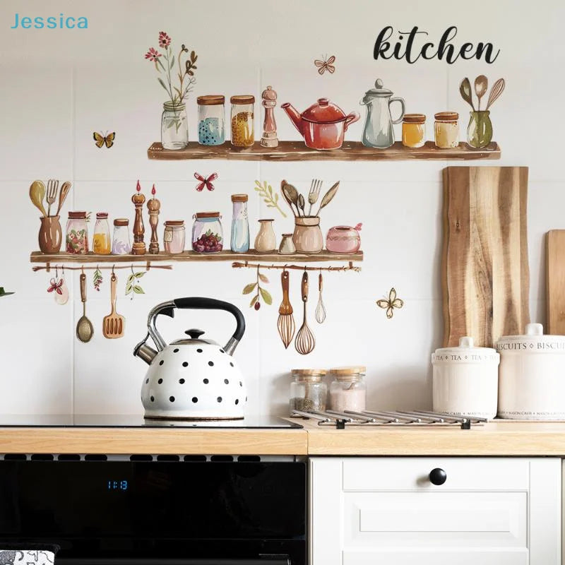sticker mural multicolore cuisine ustensiles fleurs papillons adhésif illustration intérieur 60x40cm
