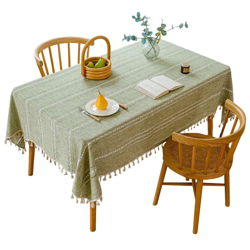 nappe vert olive rayures blanches franges boho chic réutilisable polyester table hiver été ramadan