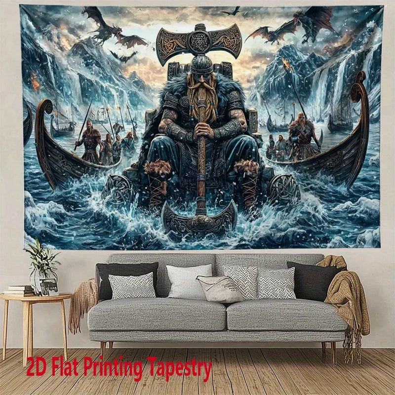 tapisserie viking bleu noir trône hache bateau dragon salon artique fantastique