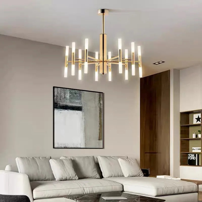 Suspension lumineuse moderne or structure géométrique tubes lumineux fixation crochet éclairage led chambre salon
