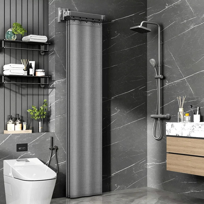 rideau douche gris texturé moderne salle bain pliable rangement mural