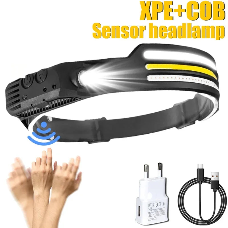lampe frontale rechargeable led noire rayures jaunes blancs moderne ceinture ajustable port usb chargeur