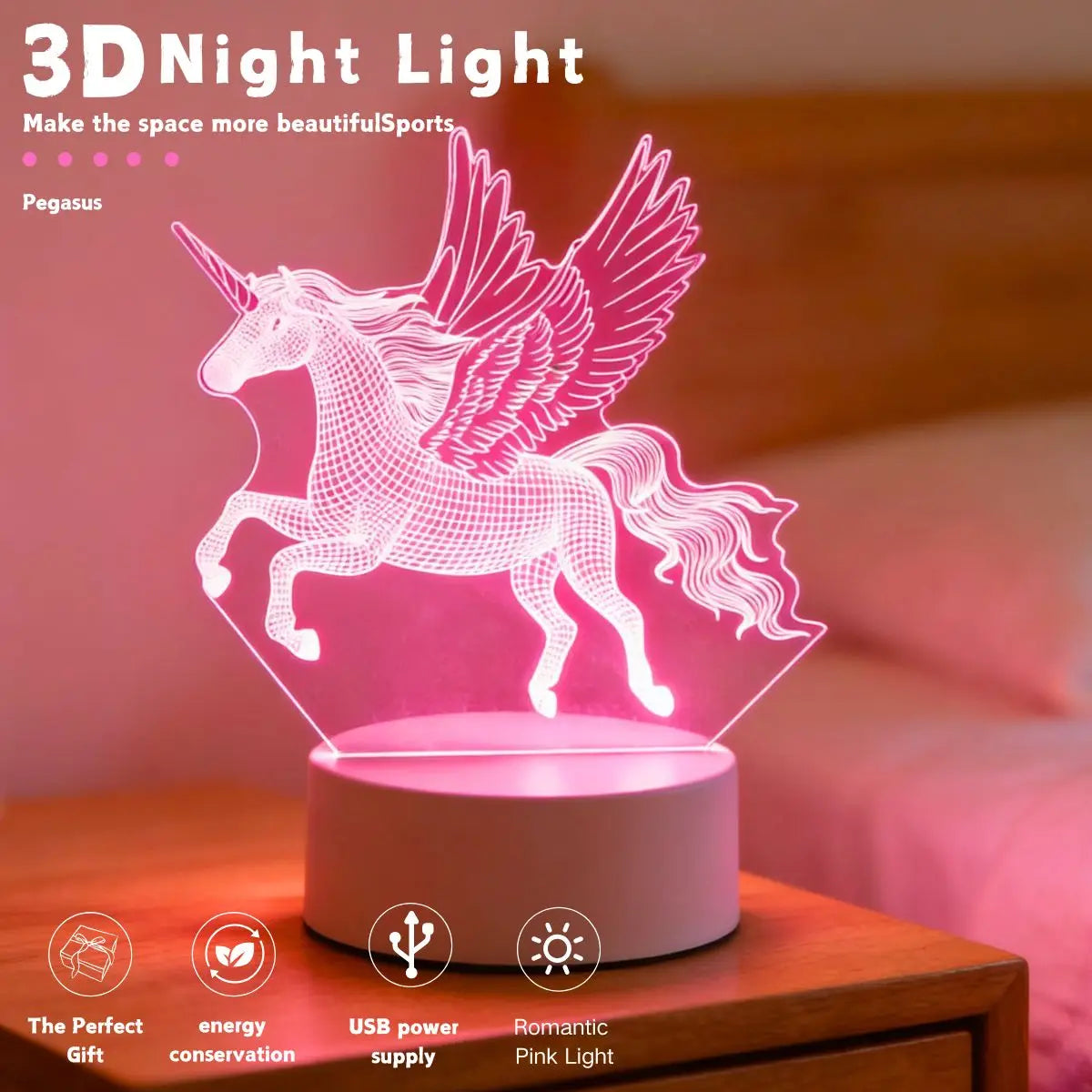 veilleuse nuit 3d licorne ailée moderne interrupteur câble usb blanc rose chambre coucher ambiance