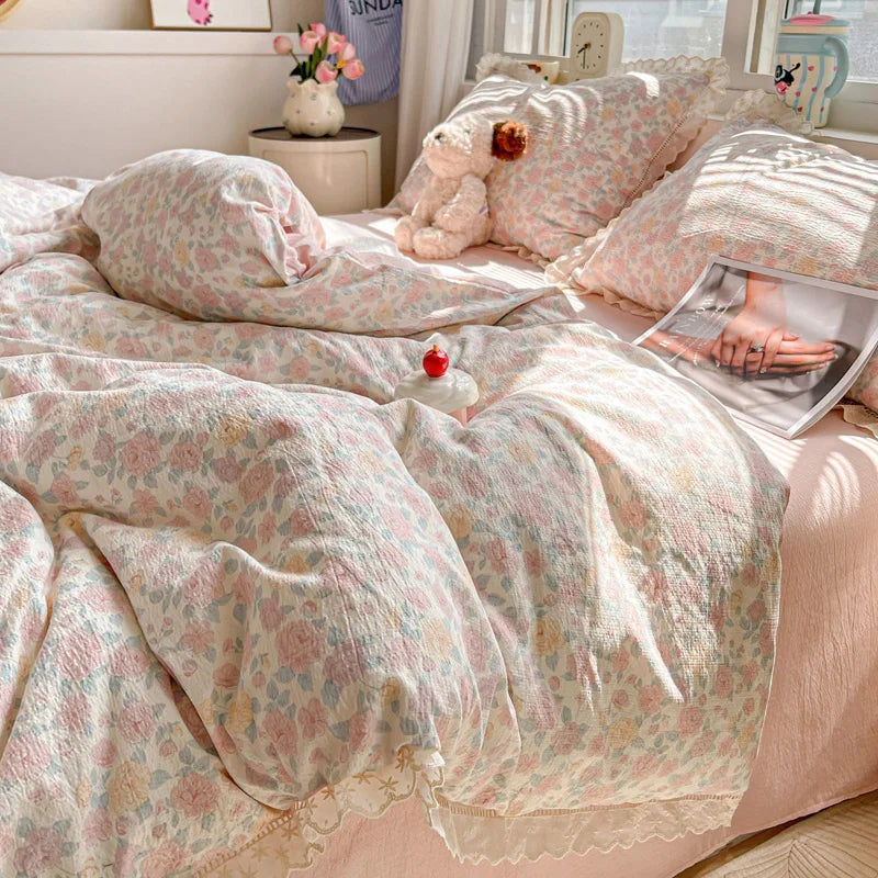 ensemble literie floral rose blanc vintage 150x200cm 200x230cm doux 4pièces