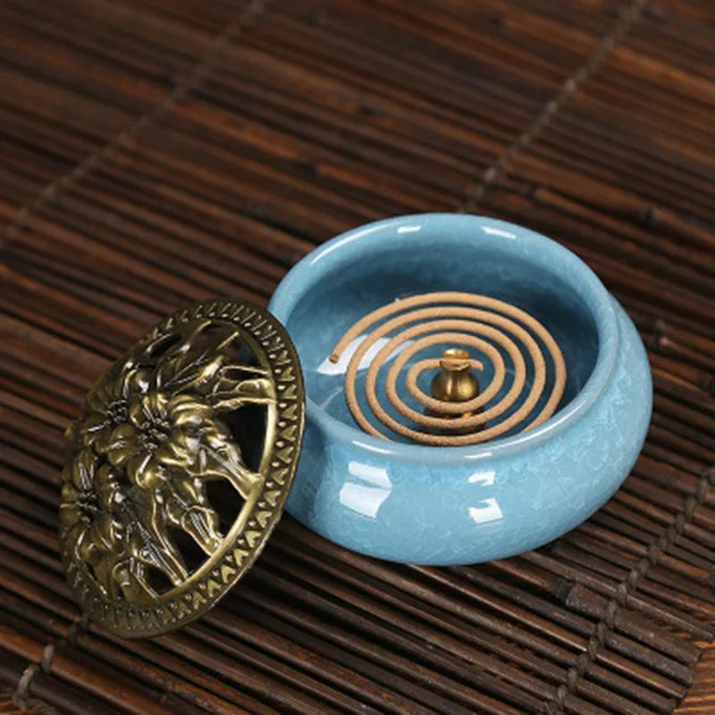 brûleur encens céramique effet craquelé bleu rouge noir vintage artisanal aromatique