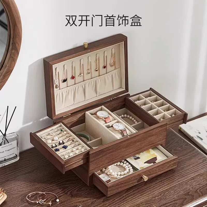 coffret bijoux bois marron tiroirs poignées dorées rangement moderne minimaliste