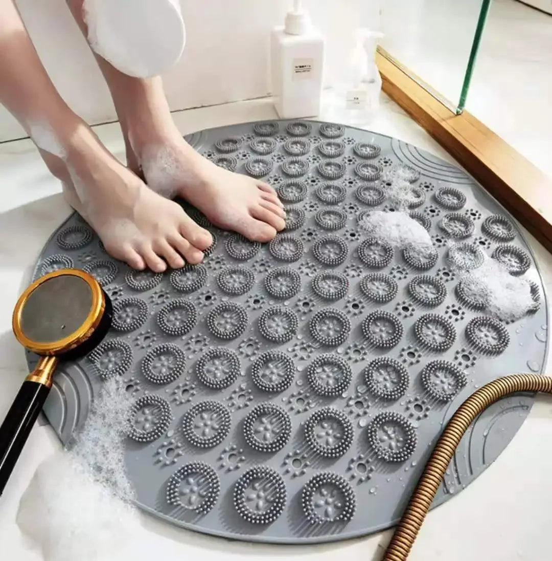 tapis bain circulaire texturé gris bleu vert moderne bordure relief 30cm 30cm