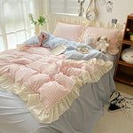 ensemble literie rose doux carreaux beige volants taies oreiller couvre lit romantique ultra frais