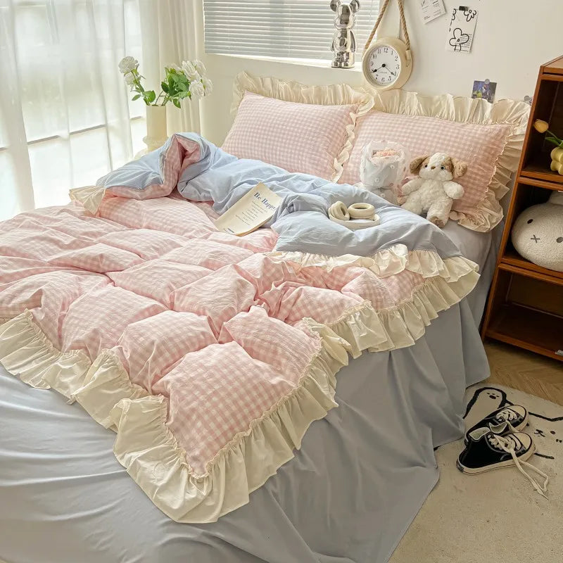 ensemble literie rose doux carreaux beige volants taies oreiller couvre lit romantique ultra frais