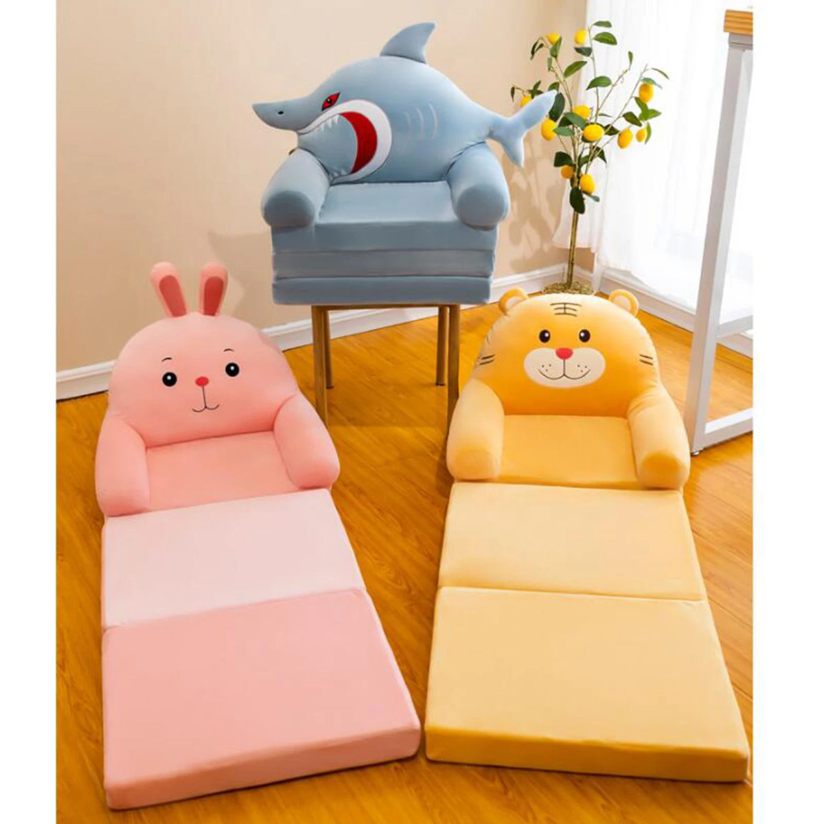 fauteuils pliants enfants motifs animaux bleu jaune rose vert contemporains chambre salon