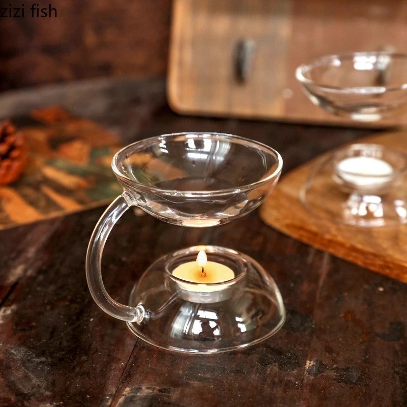 bougeoir verre transparent moderne deux niveaux bougie chauffe plat sans motif minimaliste