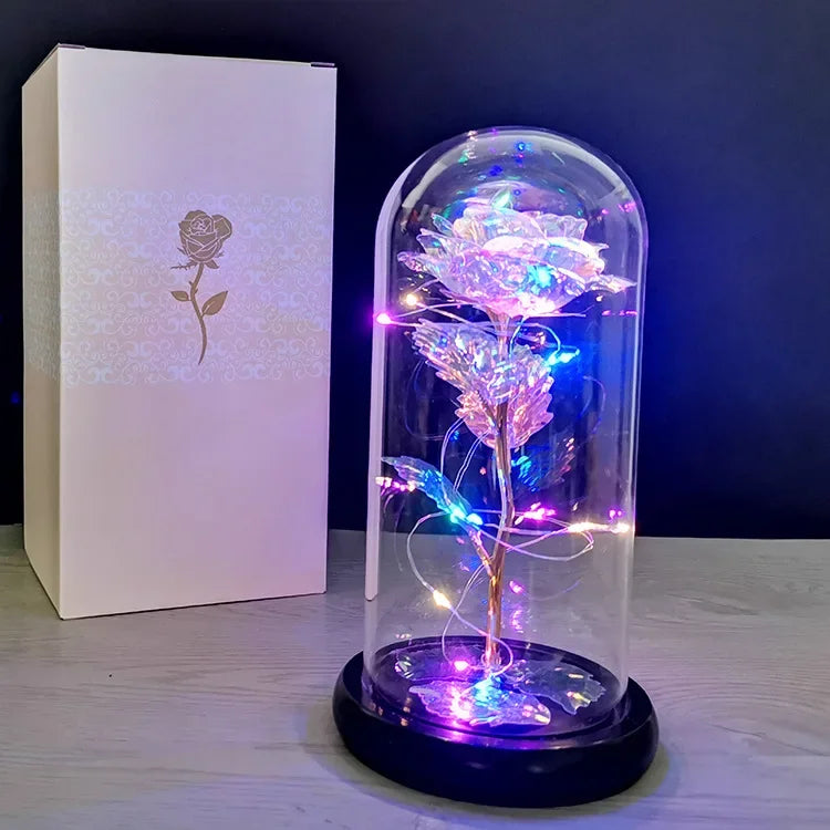 veilleuse led rose artificielle cloche verre éclairage couleur variée base noire