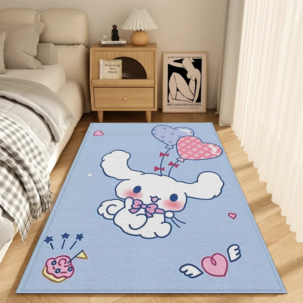 tapis antidérapant résistant bleu clair blanc rose vert motif coeurs personnages mignons texture veloutée
