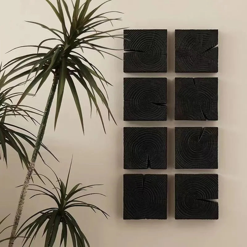 décoration murale blocs bois carbonisés wabi sabi rustique naturel tranches bois opaque