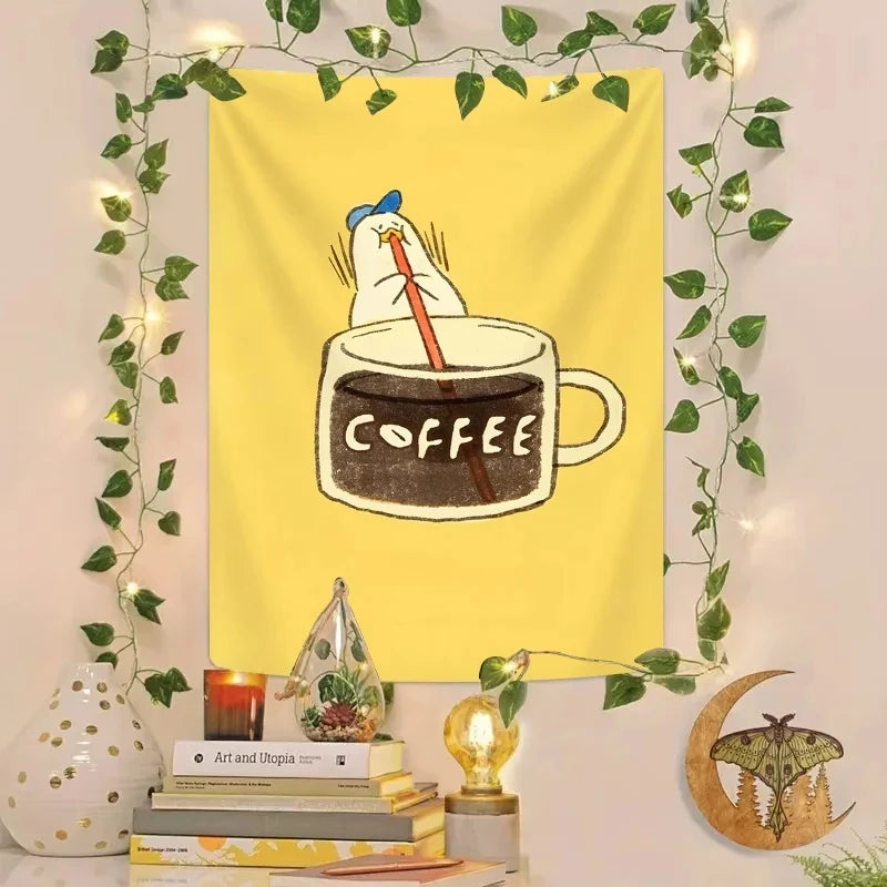 tapisserie murale cartoon tasse canard chambre salon minimaliste jaune clair polyestère lavable machine