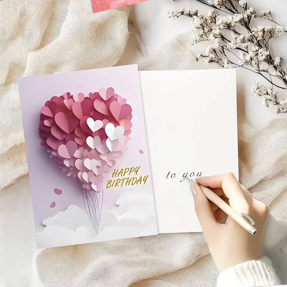 carte vœux anniversaire cœur relief rose blanc enveloppe moderne élégante festive