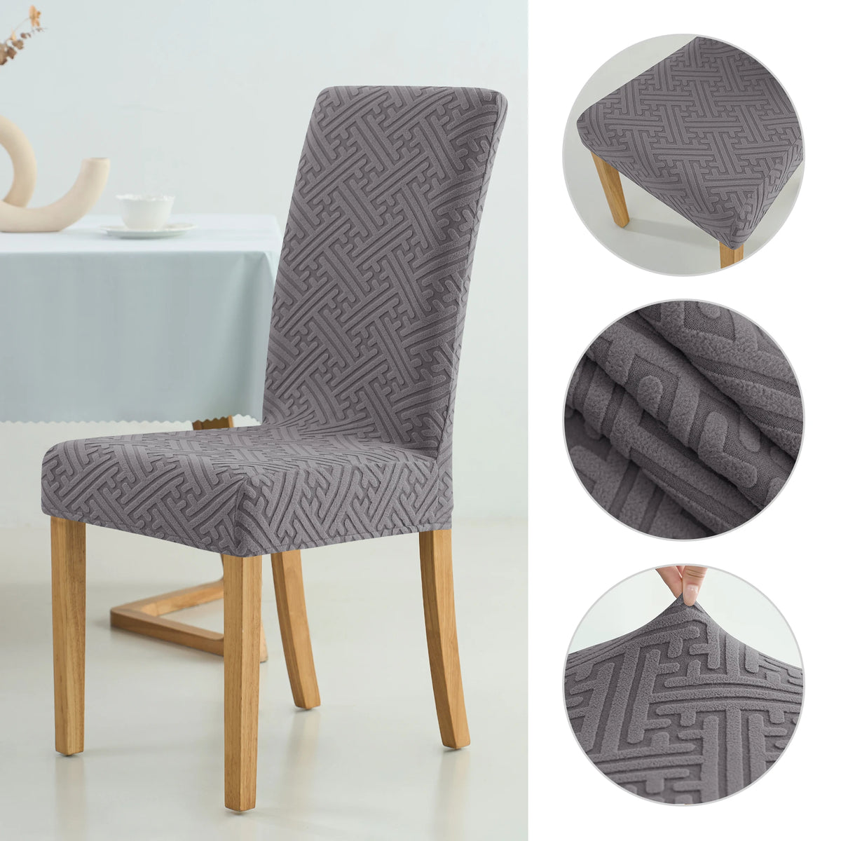 housse chaise moderne motif géométrique gris polyester anti poussière élastique banquet mariage salle manger