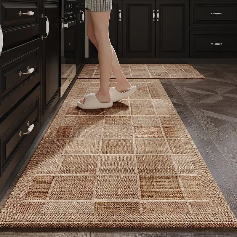tapis cuisine antidérapant patchwork polyester résistant bactéries moderne rustique beige marron opacité