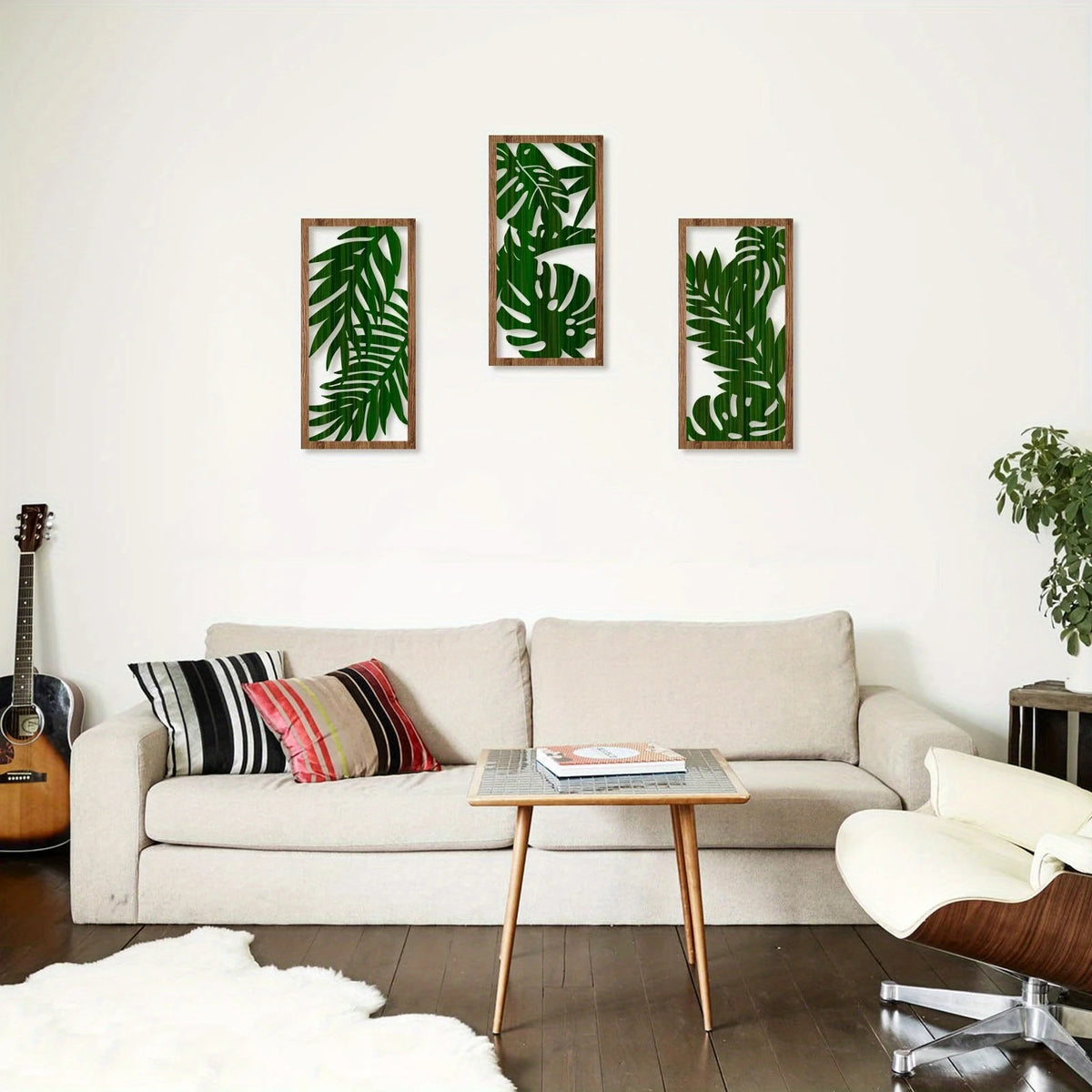 cadres mural feuilles tropicales bois vert moderne décoration intérieure chambre salon erotique naturel vintage