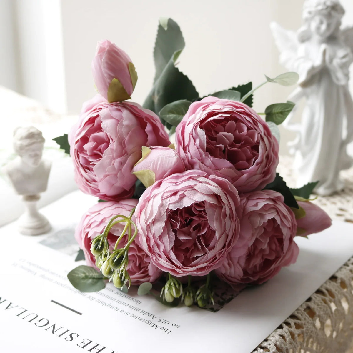 bouquet fleurs artificielles rose pivoine gypsophila mariage anniversaire décoration intérieureextérieur 30cm