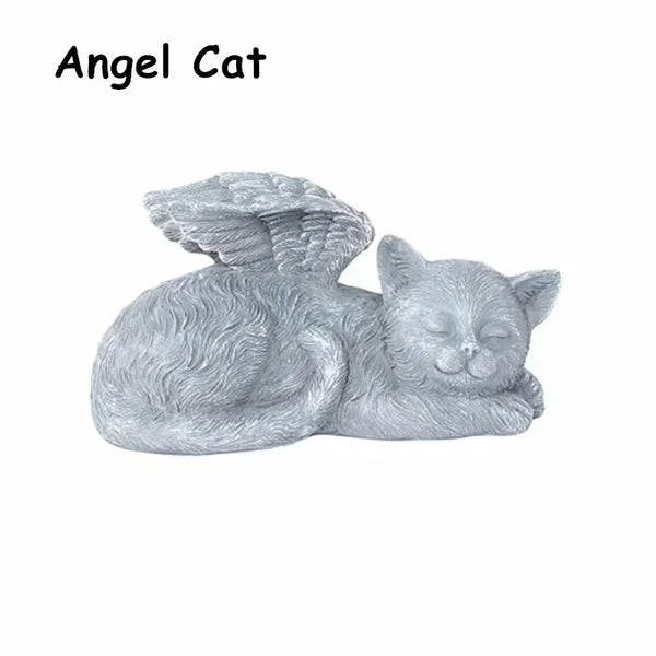 statue ange resine chien chat ailes plumes decoration exterieur gris clair commémoration animal décédé