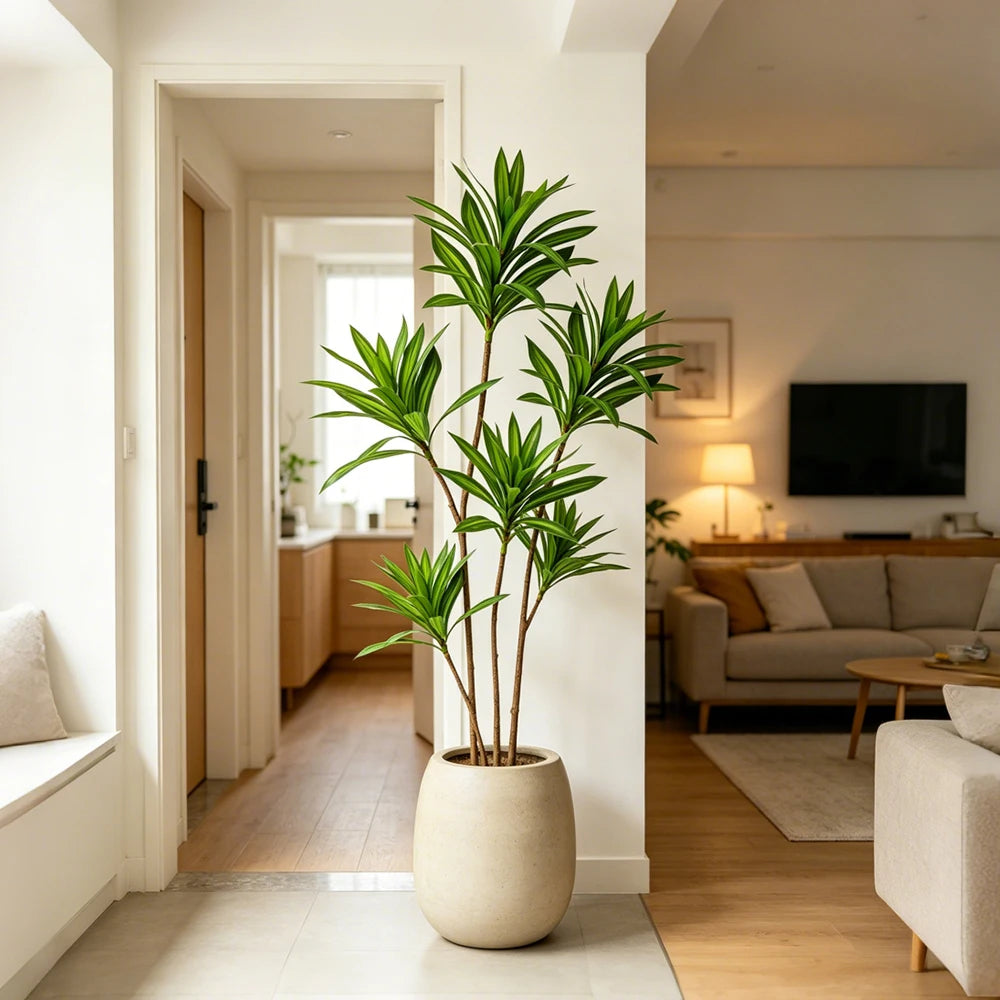 plantes vertes artificielles feuilles palmier faux bambou décoration intérieure pot beige tiges lancéolées tropical