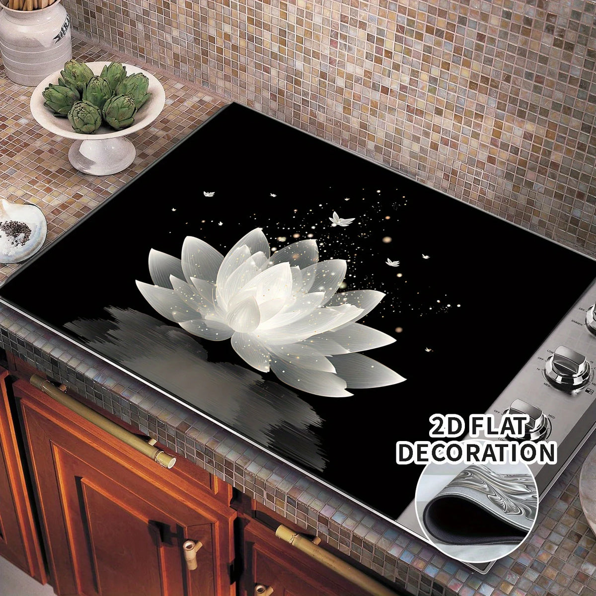 protège plaque induction noir blanc doré motif lotus effet miroir adhésif flexible décoration cuisine