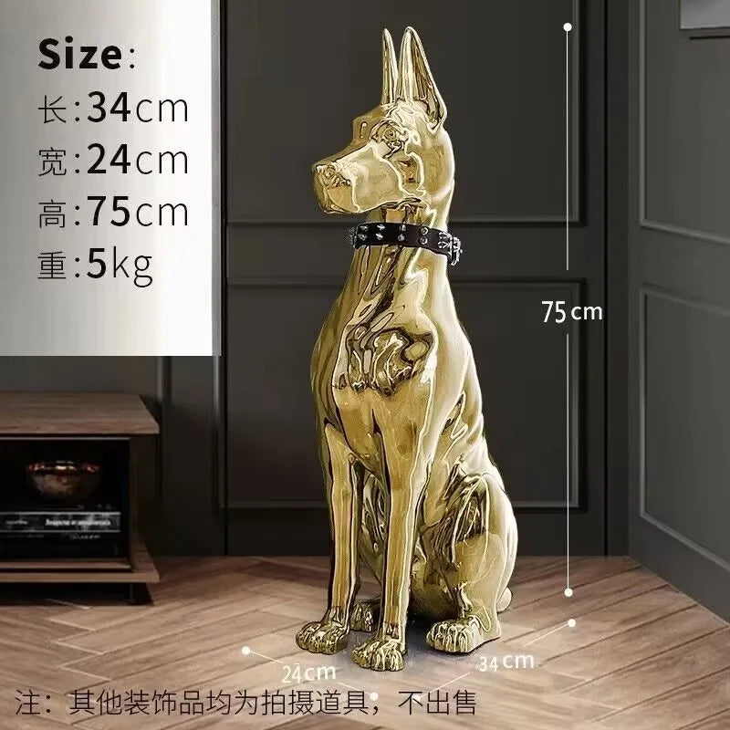 statue moderne chien dobermann bulldog lunettes collier or argent réfléchissant intérieur décoration