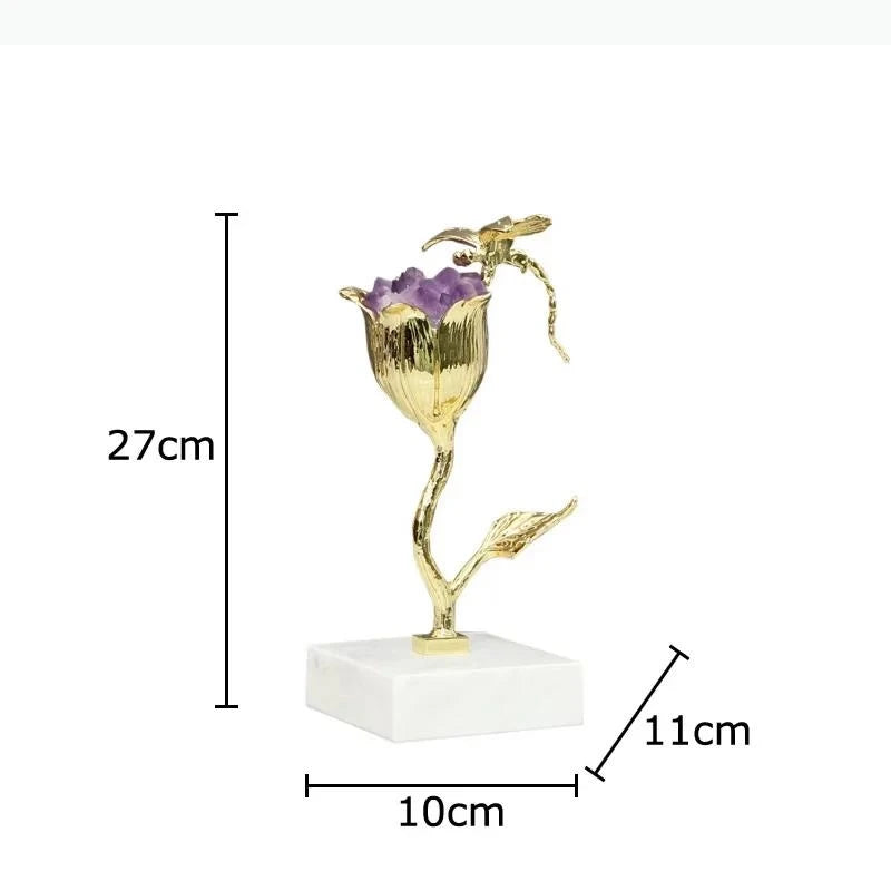 décoration moderne sculpture fleur dorée pierre violette socle marbre élégante maison ornements esthétiques
