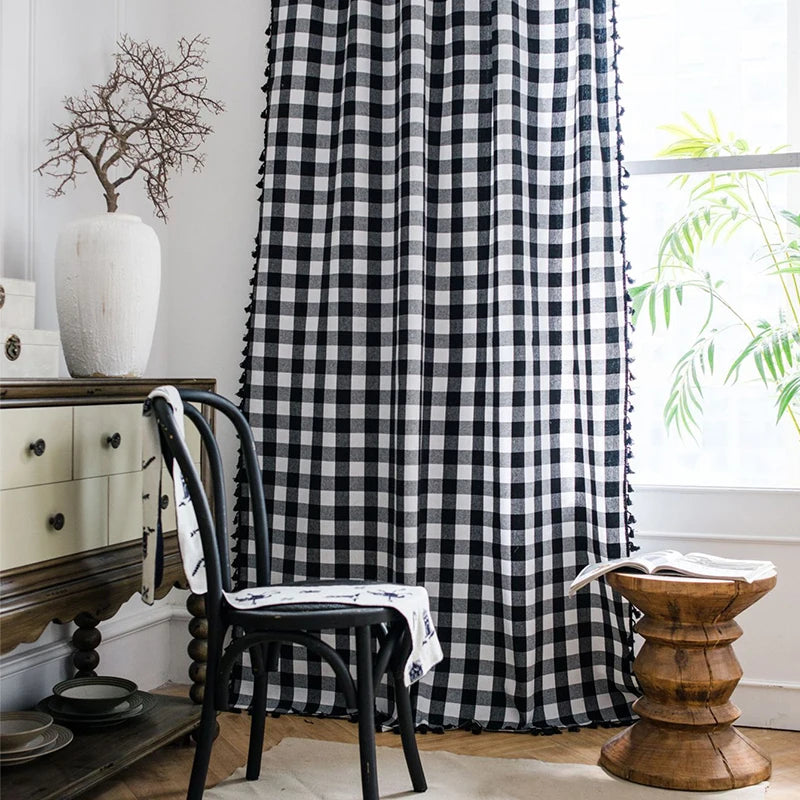 rideau noir blanc carreaux géométriques opacité classique décoration intérieure maison hospitalité polyester