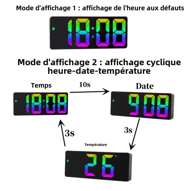 horloge numérique moderne écran led couleur noir blanc lumineuse réveil commande vocale