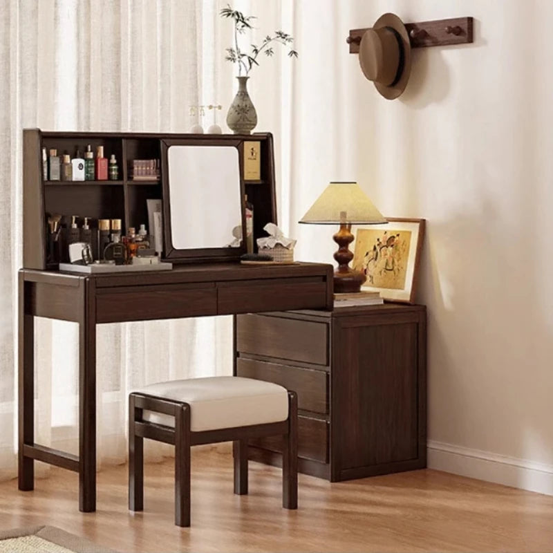 coiffeuse chambre bois marron moderne tabouret lampe vase fleurs cadre mural(rng)