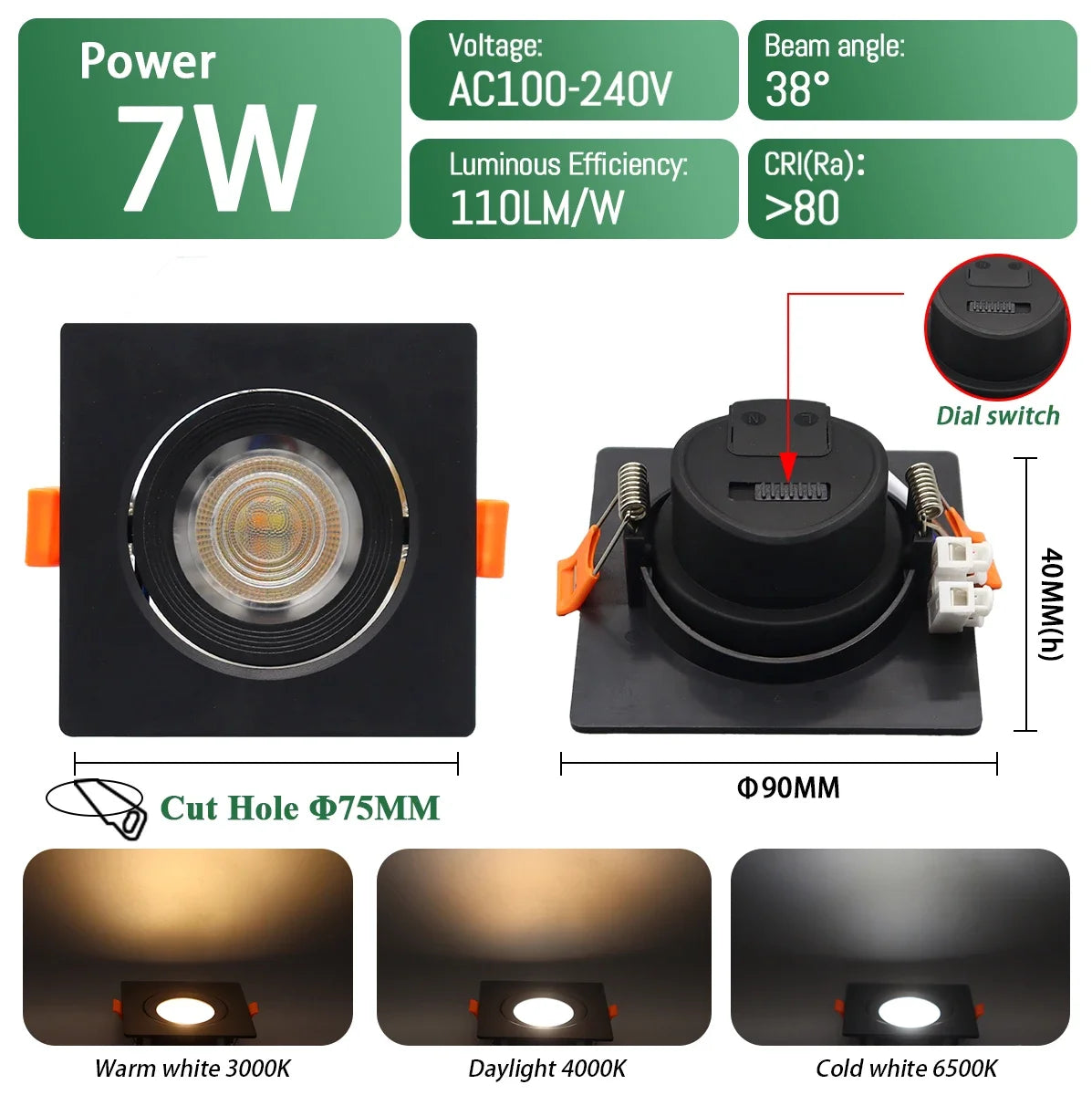 Spot LED encastrable blanc rond carré moderne 75mm 90mm 120° 145°