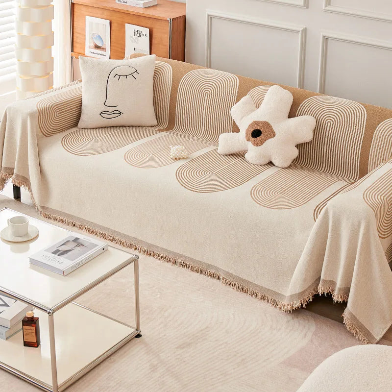 couverture canapé moderne rayures horizontales franges beige crème gris clair salon intérieur