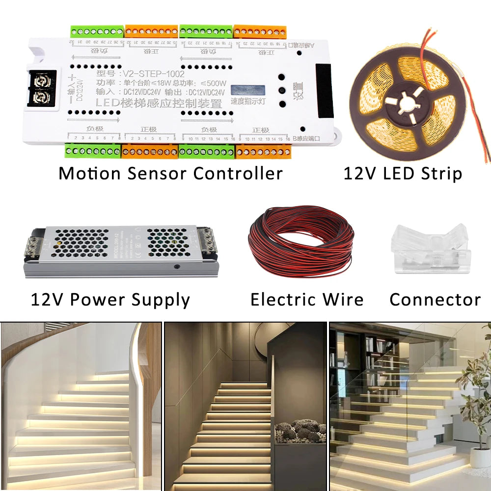 contrôleur lumière escalier détecteur mouvement ruban led alimentation électrique câbles connecteur or noir blanc