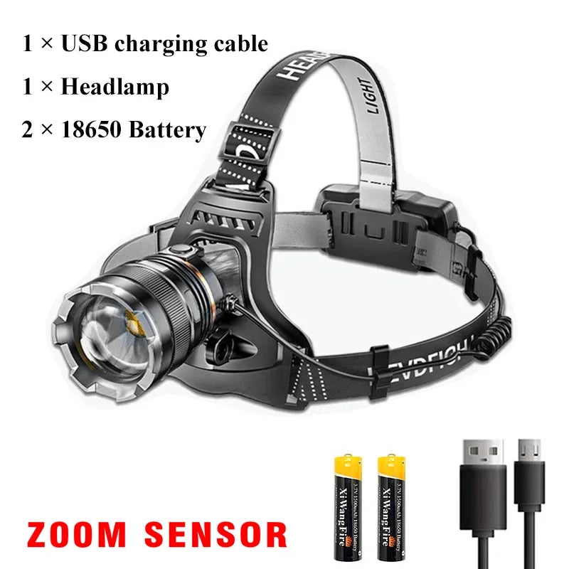 lampe frontale rechargeable led noir zoom ipx4 étanche mode sensor high low strobe camping