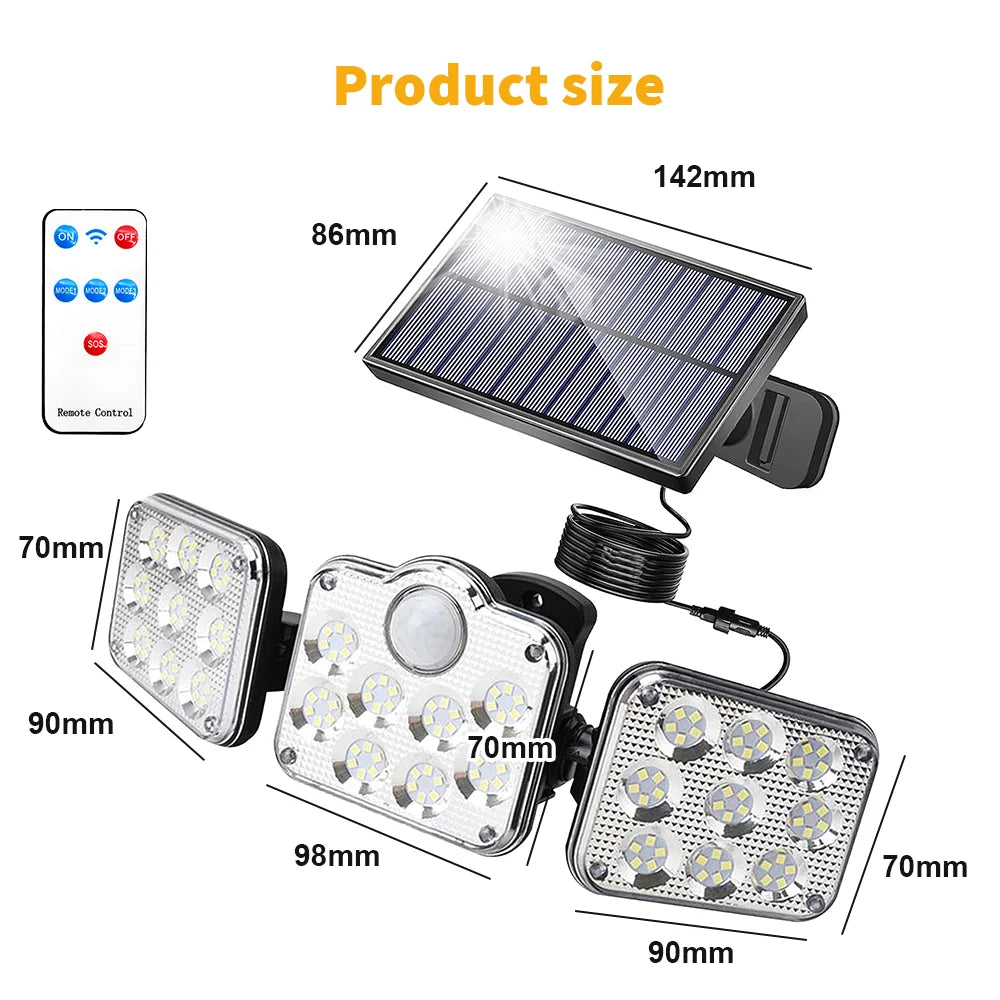 projecteur solaire détecteur mouvement led moderne extérieur jardin sécurité trois têtes ip65 étanche