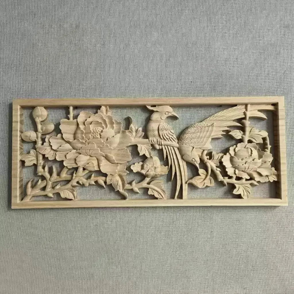 panneau decoratif bois sculpte oiseaux fleurs traditionnel chinois decoration murale rouge naturel