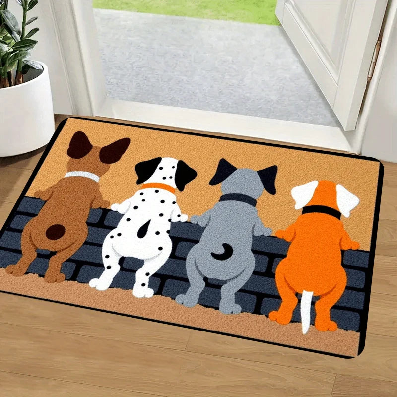 tapis d'entrée moderne chiens assis marron noir blanc bienvenue salon humouristique adhésif résistant