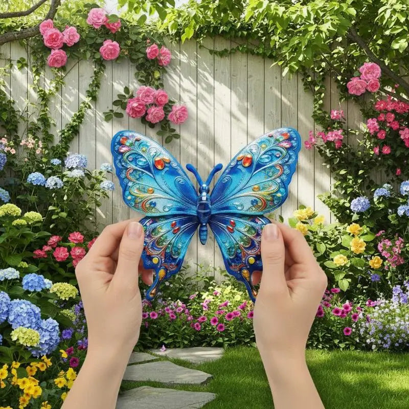 décoration murale papillon bleu orange vert motifs floraux brillants artisanal trois dimensionnelextérieur résistante rouille