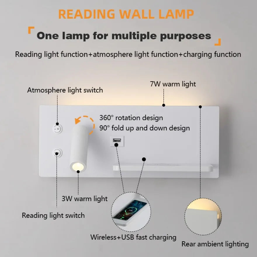 lampe murale moderne charge sans fil port usb noir bronze blanc